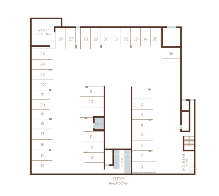 Parking Level Site Plan | The Bluestone Apartments | 1 & 2 Bedroom Apartments in West Seattle | Seattle, WA 98106